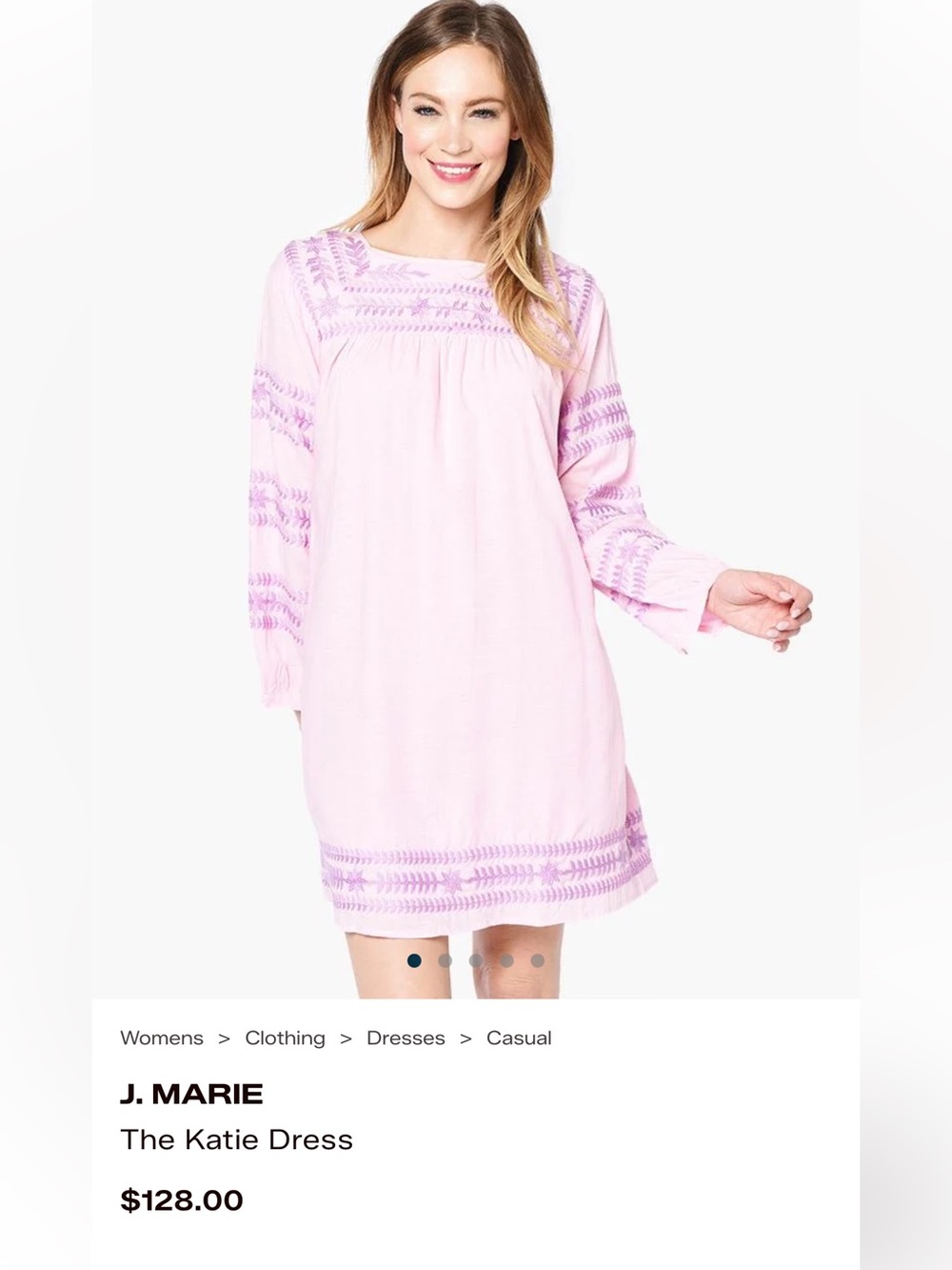 J. Marie Lavender-Pink Long-Sleeve Embroidered Shift Dress